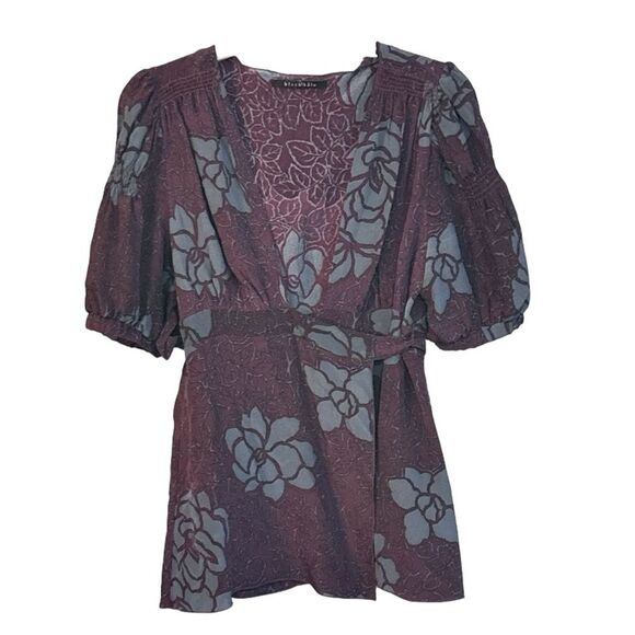 Black Halo | Silk Tunic Style Women’s Purple Floral Print Wrap Blouse Top Size M - Picture 1 of 16